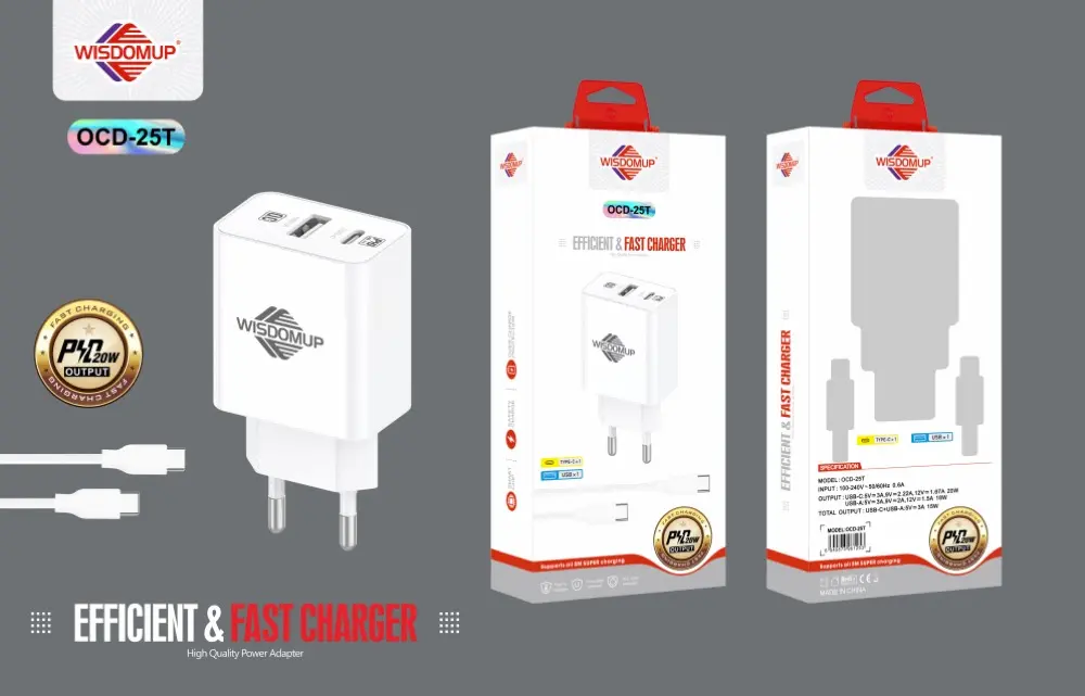 Wisdomup OCD-25 20W PD + 18W QC Dual Wall Charger with Cable